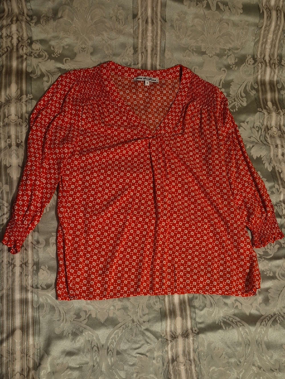 Ava Christine Red Geo-Print V-Neck Blouse